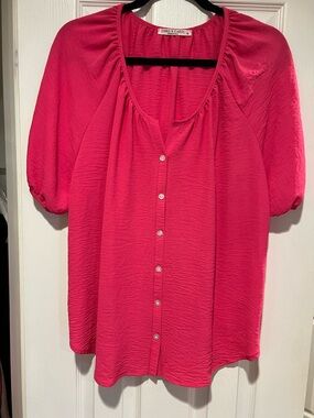 Chris & Carol Women's Hot Pink Button-Down Puff Sleeve Blouse